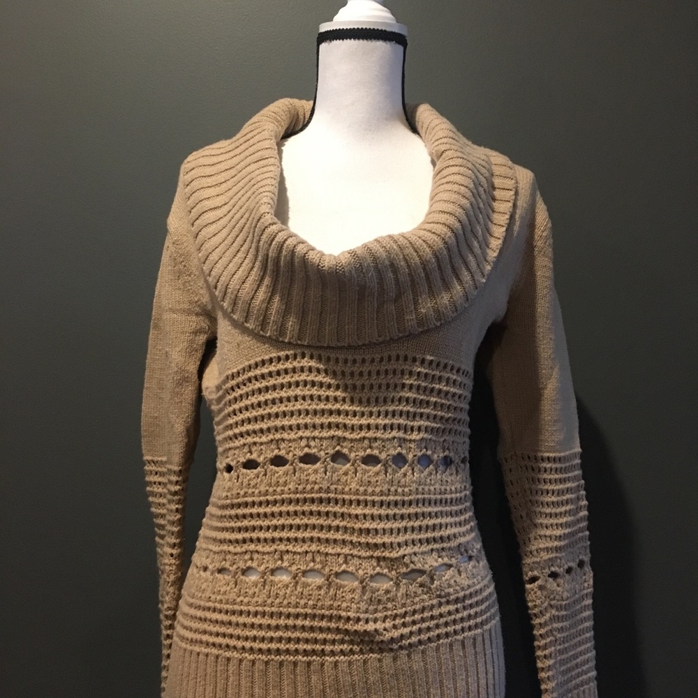 Heather khaki cowl neck open knit sweater